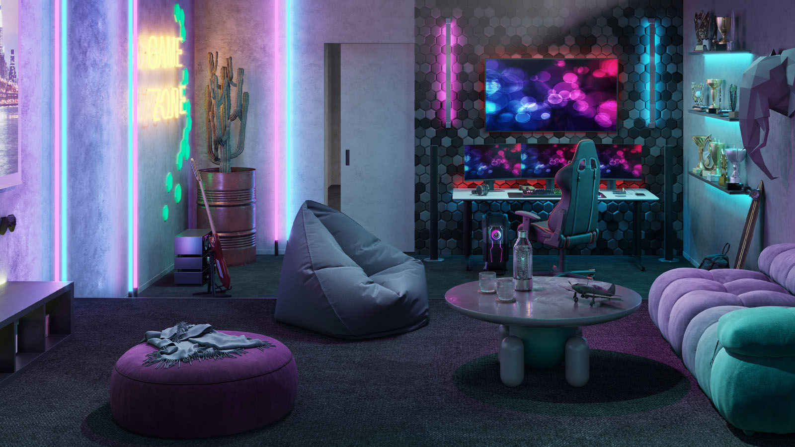 ایده اتاق گیمینگ نئونی و تکرنگ