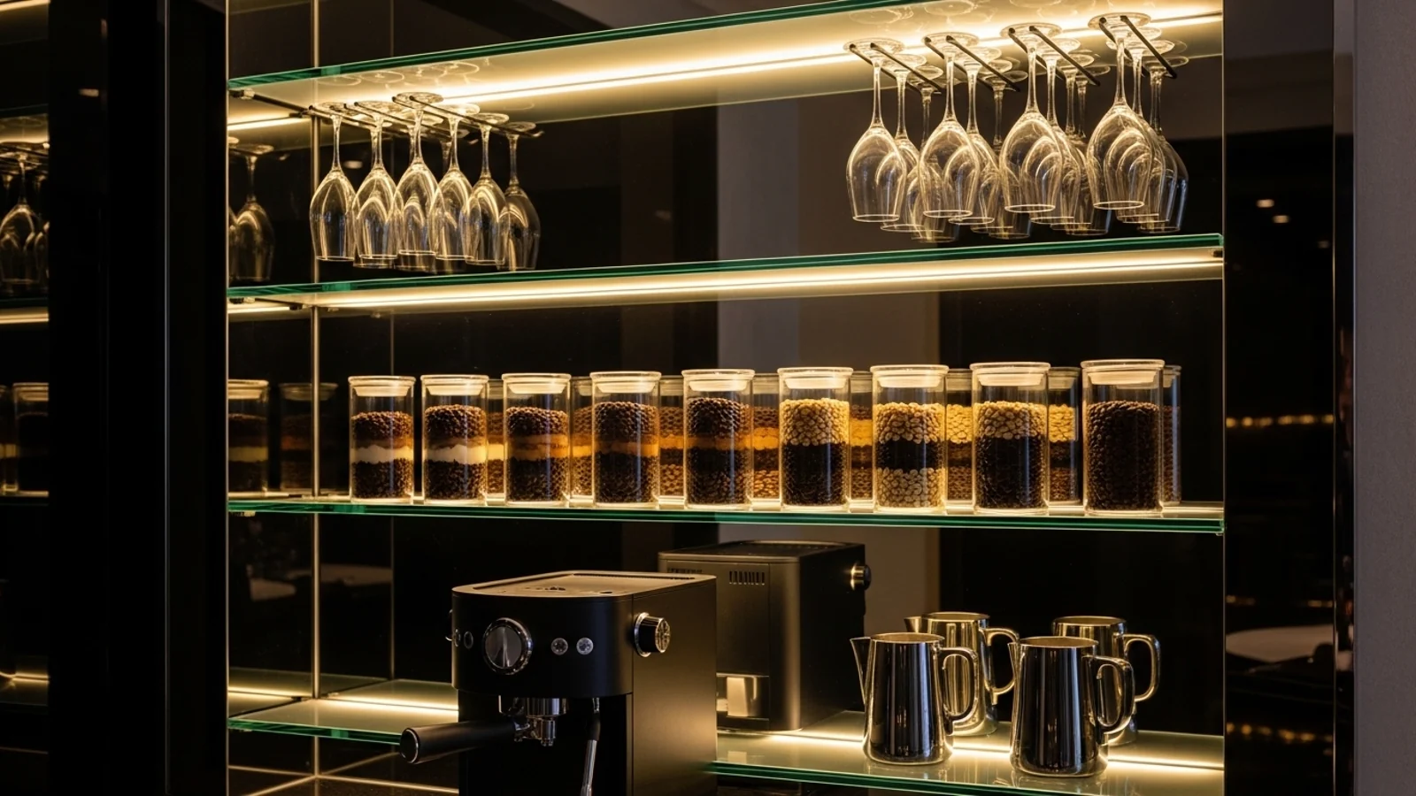 ۱۰. قفسه‌های شیشه‌ای و نورپردازی توکار