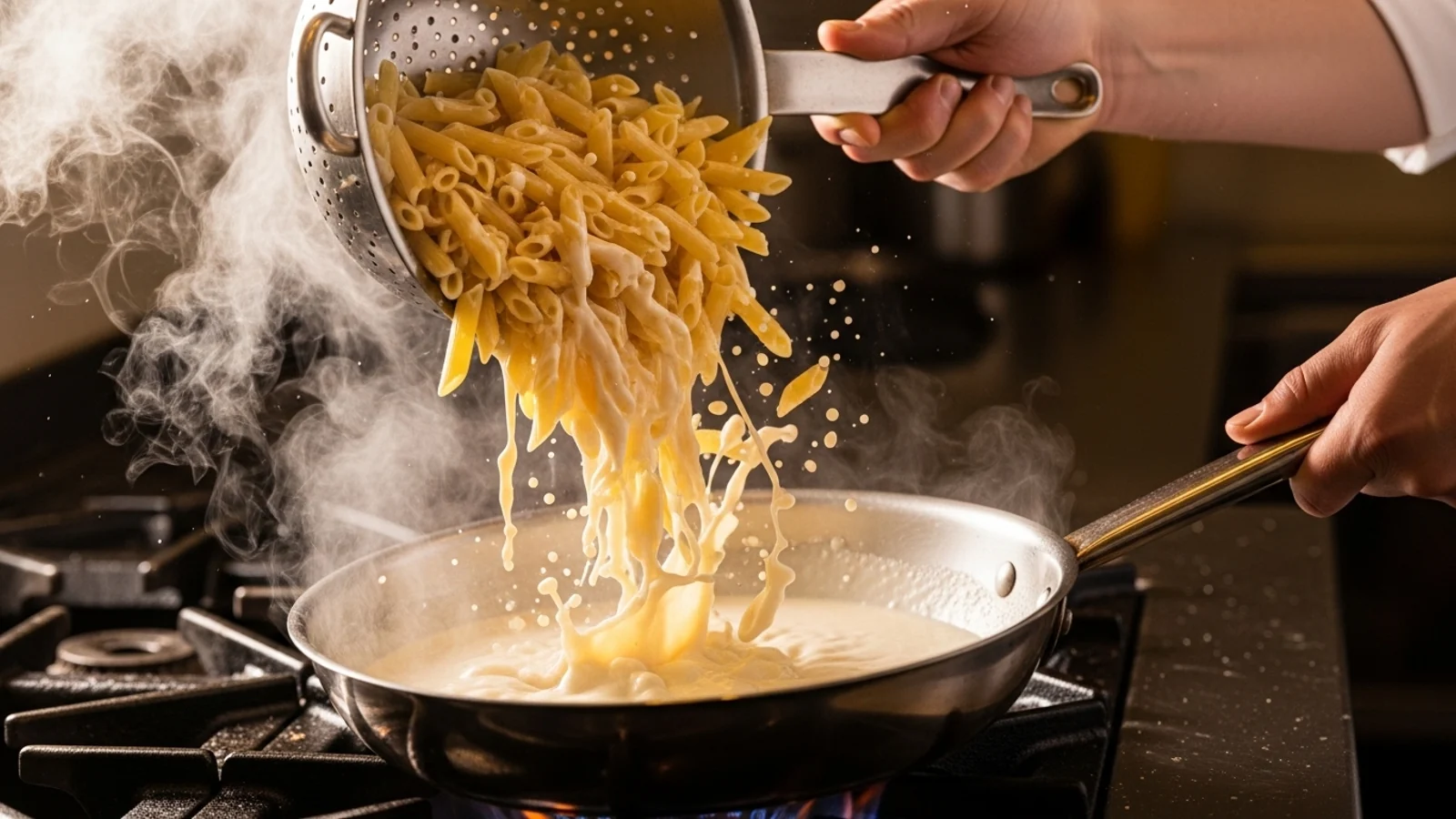 مرحله ۶: ترکیب پاستا و سس (مهم‌ترین بخش)